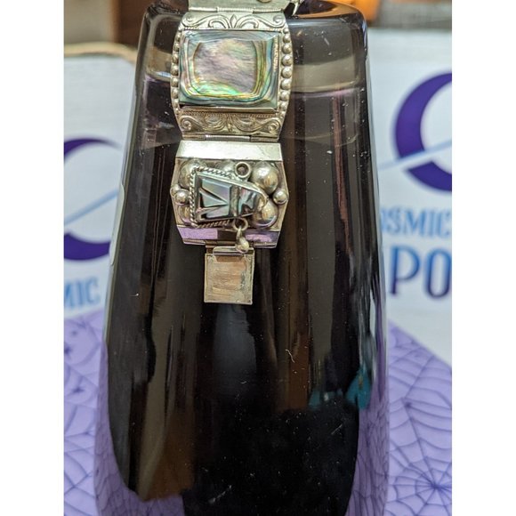 Vintage Taxco, Link Style Bracelet with Abalone Carved Heads and Blocks - Picture 8 of 9